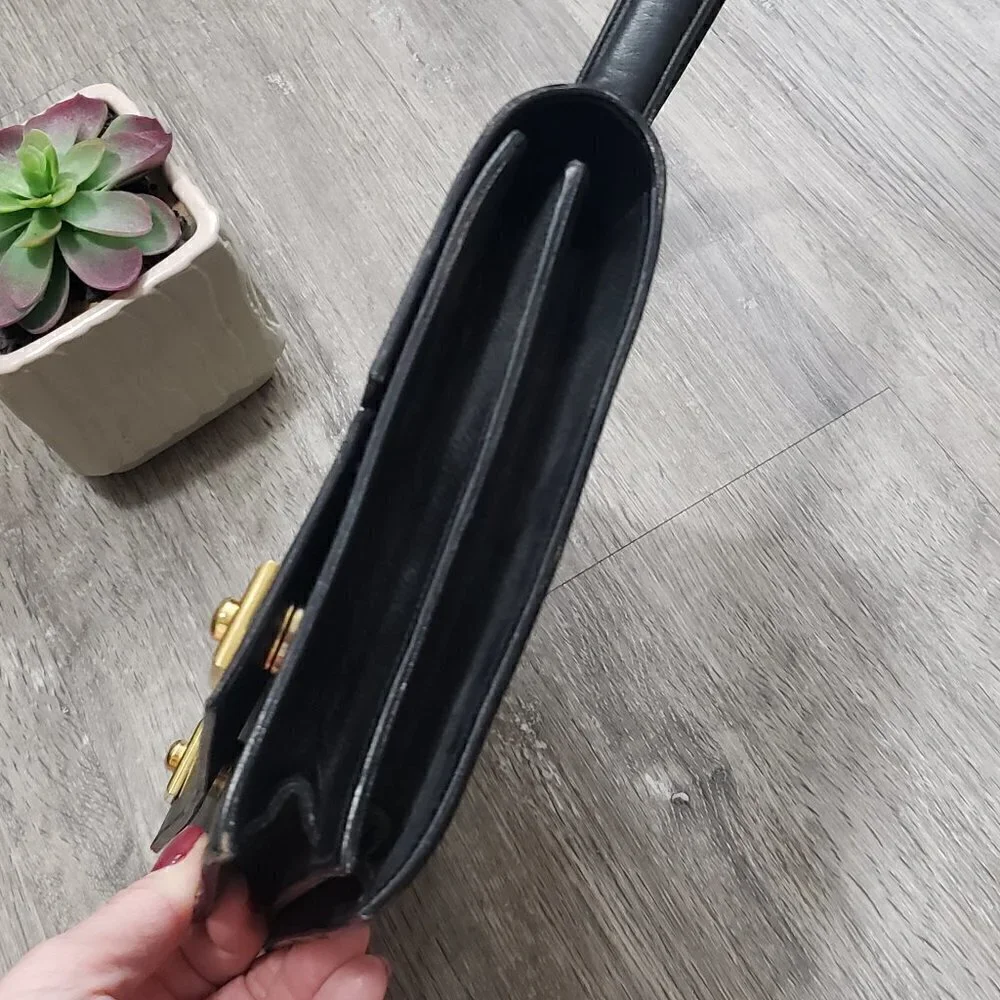 Vintage Genuine Leather Top Handle Handbag Black Gold - Picture 4 of 10